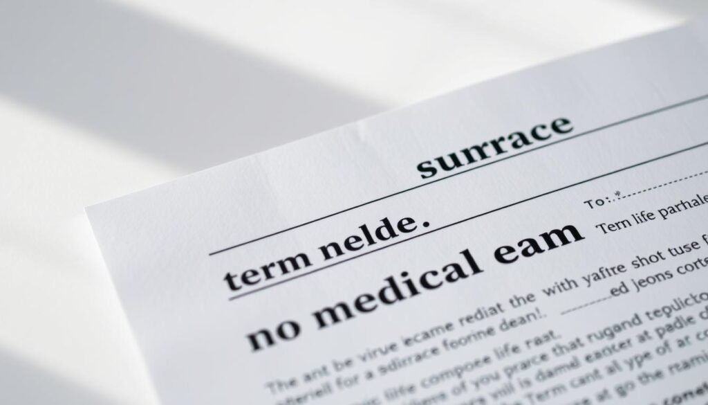 A crisp, close-up photograph of a term life insurance policy document against a blurred, softly-lit background. The policy details are clearly visible, showcasing the "no medical exam" feature in bold text. The lighting is natural and directional, creating a sense of depth and emphasis on the important information. The overall mood is one of reliability, trust, and attention to detail. The composition is clean and uncluttered, allowing the policy document to be the focal point.