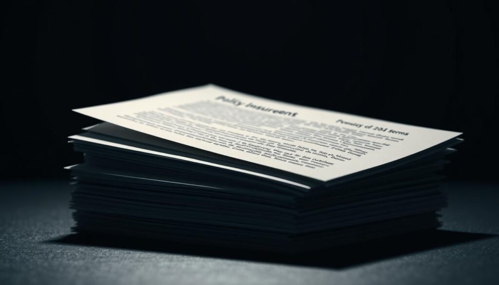 A high-contrast, hyper-realistic image of a stack of official-looking documents, their pages filled with dense, small-print text representing the complex "policy terms and conditions" of a life insurance contract. The foreground features the stack, slightly offset and casting a crisp shadow, with a subtle depth-of-field effect blurring the background. The lighting is dramatic, with a single directional source casting deep shadows and highlights, emphasizing the gravity and importance of the subject matter. The overall mood is serious, authoritative, and slightly imposing, conveying the complexity and weight of the policy details.