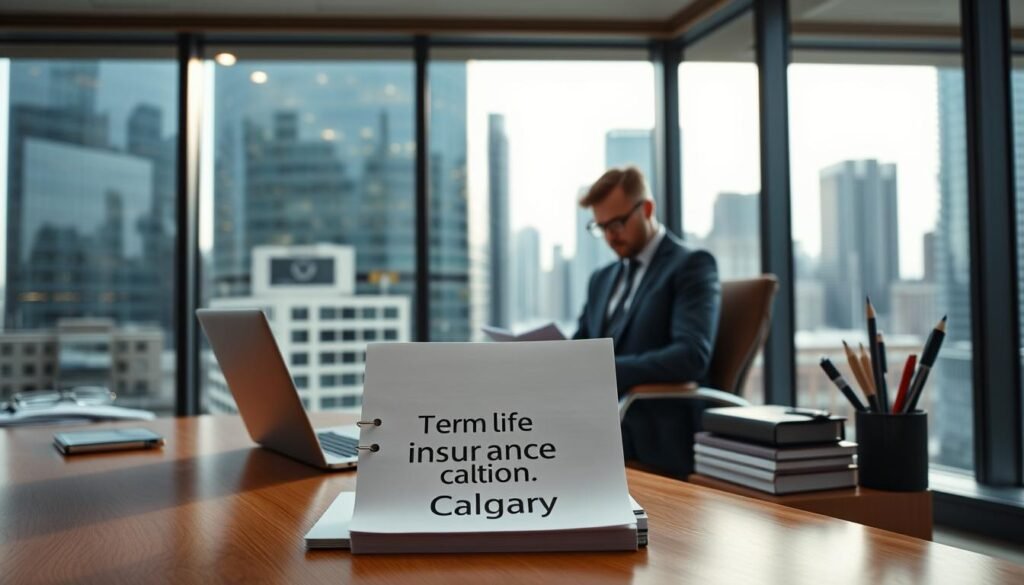 A modern and minimalistic office setting, with a large glass window overlooking the bustling cityscape of Calgary. In the foreground, a wooden desk adorned with a sleek laptop and a few carefully curated office supplies. On the desk, a stack of documents with the title "Term Life Insurance Calgary" prominently displayed. In the middle ground, a well-dressed professional sitting in a comfortable chair, studying the documents intently. The lighting is soft and natural, emanating from the window and casting a warm glow throughout the space. The overall atmosphere is one of efficiency, professionalism, and attention to detail, reflecting the careful consideration of term life insurance options in Calgary.