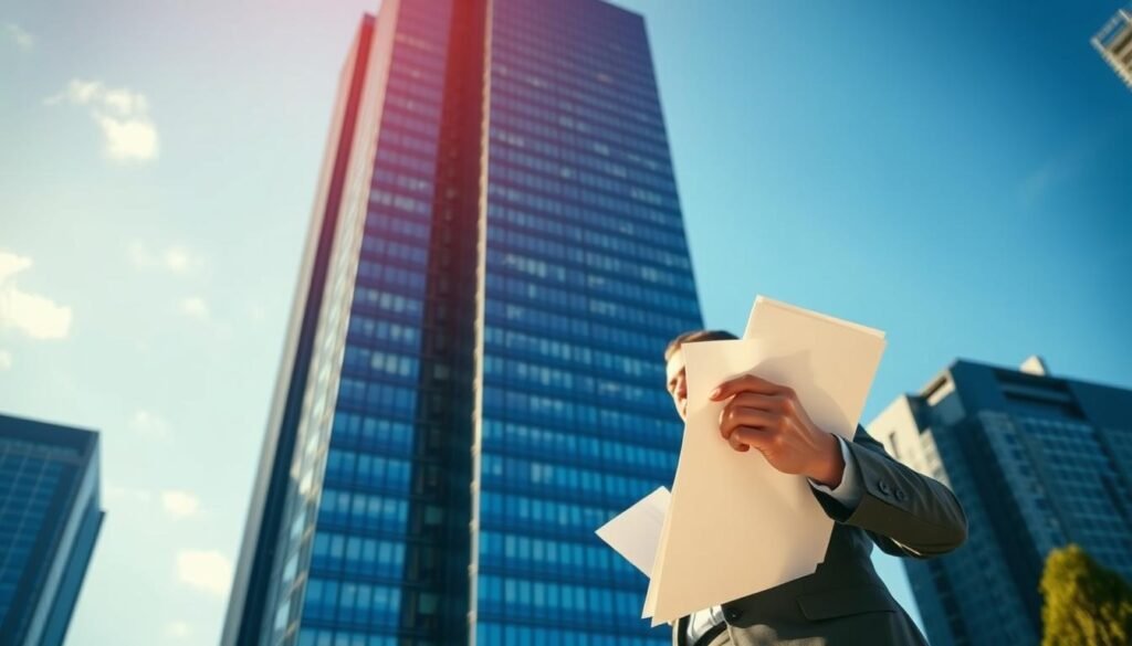 A modern high-rise office building against a vibrant blue sky, with a professional business person in the foreground examining documents related to term life insurance. The scene is bathed in warm, natural lighting, creating a professional, yet approachable atmosphere. The building's architecture and glass facade reflect the city's dynamic skyline, while the figure's attire and posture convey a sense of confidence and expertise in the application process for no-medical term life insurance policies. The overall composition highlights the efficiency and convenience of obtaining coverage without a medical exam, as per the section title.