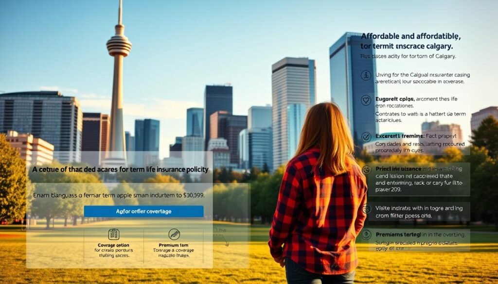 A vibrant cityscape of downtown Calgary, with the iconic Calgary Tower and modern skyscrapers in the background. In the foreground, a young couple stands in a lush, well-manicured park, contemplating an informative infographic displaying the affordability and accessibility of term life insurance policies in the city. The scene is bathed in warm, golden-hour lighting, creating a sense of comfort and financial security. The infographic presents key details about coverage options, premium costs, and the streamlined application process, all designed to be visually compelling and easy to understand.
