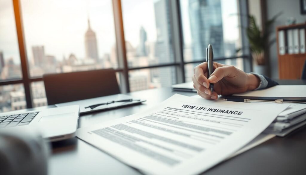 A well-lit office desk, neatly organized with a laptop, a pen, and a stack of documents labeled "Term Life Insurance". In the foreground, a person's hand carefully adjusts the coverage details on a form, customizing the policy to meet the specific needs of a small business. The background features a large window overlooking a bustling city skyline, creating a sense of professionalism and attention to detail. The scene is captured with a shallow depth of field, emphasizing the focus on the task at hand. The overall mood is one of precision, care, and a commitment to protecting the business and its stakeholders.