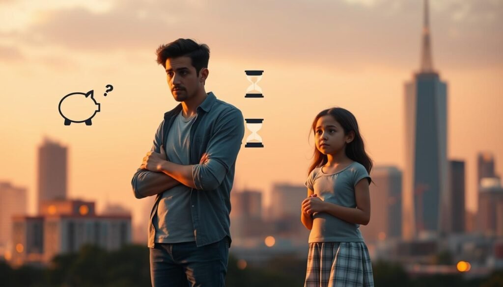 Hyper-realistic digital illustration depicting common misconceptions about term life insurance. In the foreground, a young family stands confused, uncertain about the benefits and drawbacks of this coverage. The middle ground features a series of icons representing common myths - a leaky piggy bank, a hourglass, and a question mark. The background is a softly blurred cityscape, conveying the sense of financial security and protection term life insurance can provide. Warm lighting, a shallow depth of field, and a muted color palette create an atmosphere of contemplation and education.