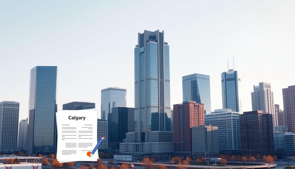 a hyper-realistic rendering of a Calgary cityscape, featuring a prominent high-rise building in the center, surrounded by other modern skyscrapers and office towers. The image has a clean, minimalist aesthetic with a slight warm tone, conveying a sense of professionalism and financial security. In the foreground, a subtle graphic representation of a life insurance policy document is visible, hinting at the theme of no-medical term life insurance. The composition is balanced, with the city skyline filling the majority of the frame, creating an aspirational and authoritative feel. The lighting is natural, with soft shadows and highlights accentuating the architectural details. The overall impression is one of a modern, prosperous city where obtaining reliable life insurance without a medical exam is a straightforward and accessible process.